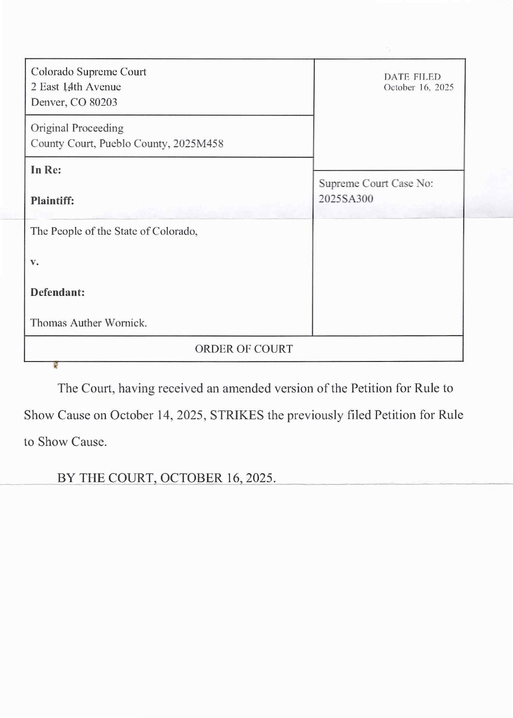 Colorado Supreme Court Order, Case No. 2025SA300, October 16, 2025